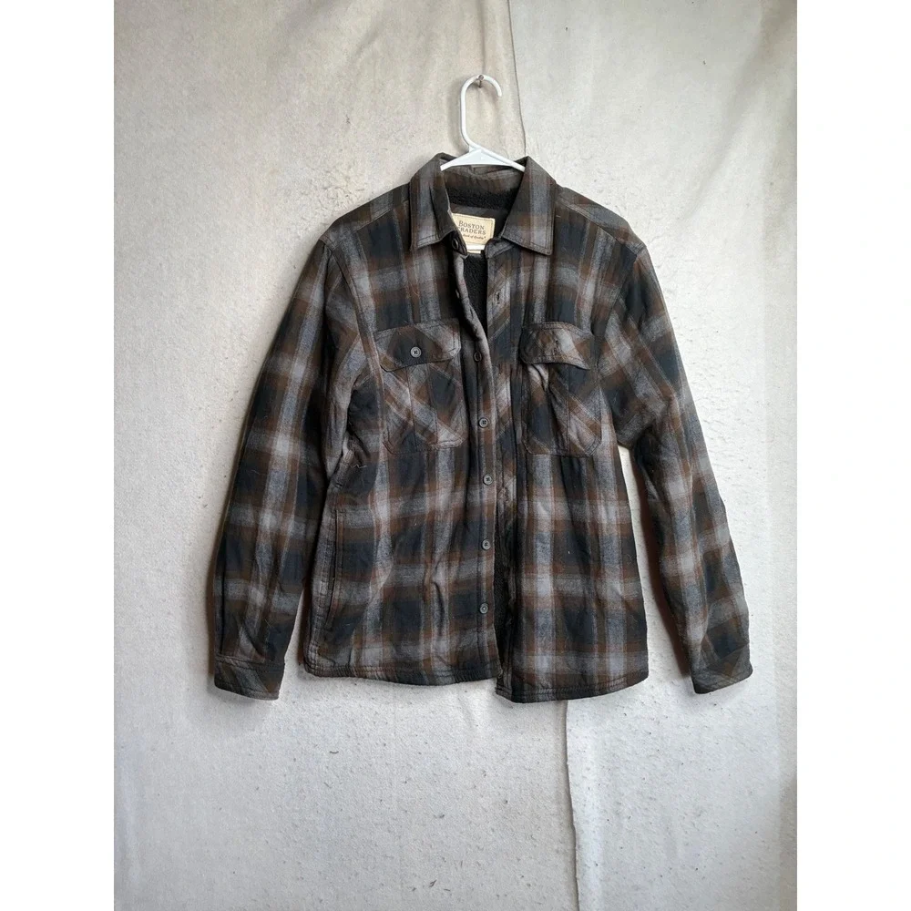Boston Traders Mens Plaid Flannel Shirt Jacket Sherpa Lined Brown Gray Size M